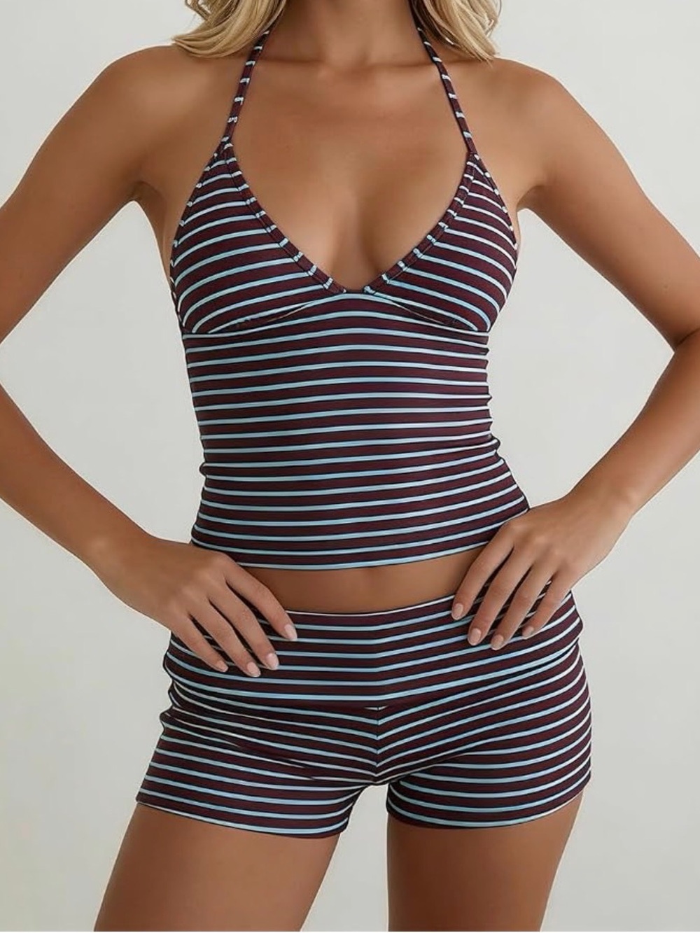 Amazon Striped Tankini Set in Brown and Light Blue